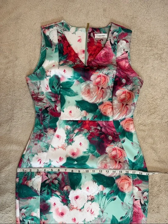 Calvin Klein Mint Green Floral Midi Dress with Pink Roses sz 8 - Picture 7 of 12